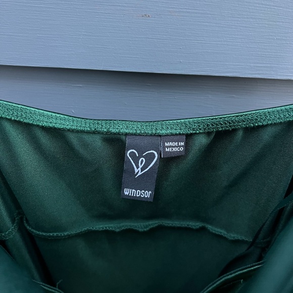 Windsor Elegant Green Satin Dress with Front Cut Out - Picture 7 of 8